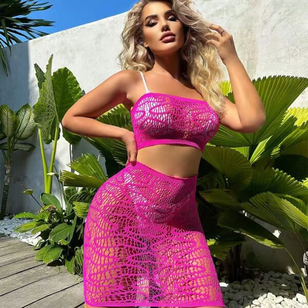 Sexy σετ ροζ παραλίας δαντέλα