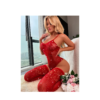 Κόκκινο Διχτυωτό Lingerie Σετ με Strass και Κάλτσες