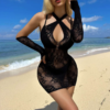 Μαύρο Μίνι Φόρεμα See-Through με Δαντέλα και Μανίκια Αποσπώμενα Black See-Through Mini Dress with Lace and Detachable Sleeves - Image 4