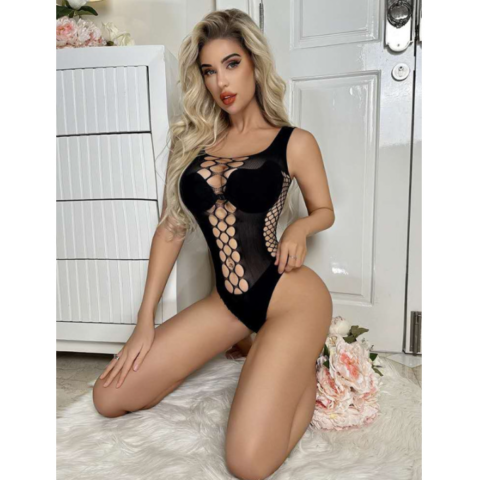 Μαύρο Κορμάκι με Σχέδιο Δίχτυ Black Bodysuit with Fishnet Pattern